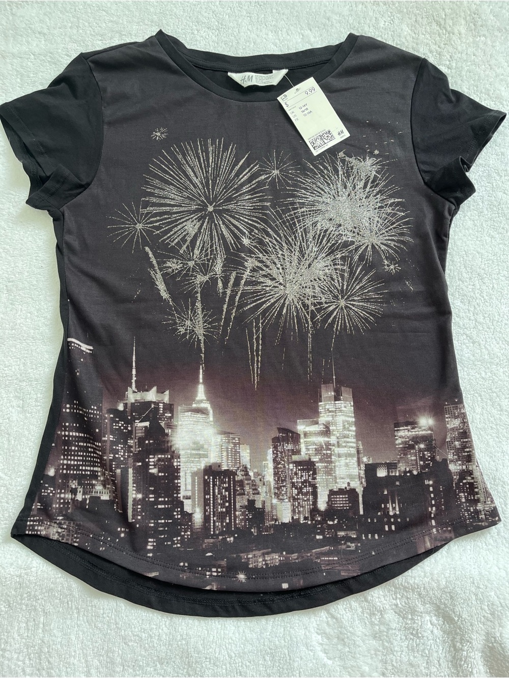 H&M Black Graphic Cityscape Tee with Metallic Fireworks